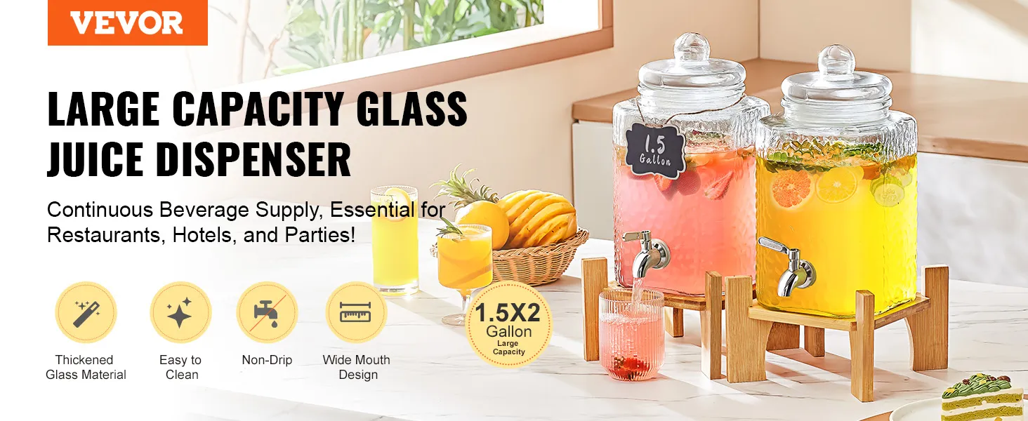 VEVOR beverage dispenser: large capacity glass containers, ideal for continuous juice supply in restaurants, hotels, and parties.
