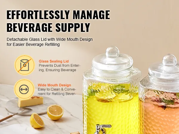 VEVOR beverage dispenser with detachable glass lids and wide mouth design on a marble countertop.
