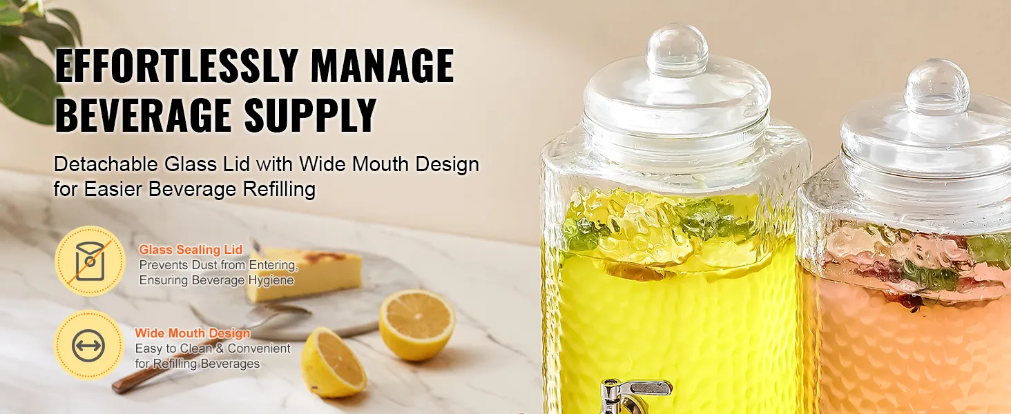 VEVOR beverage dispenser with detachable glass lids and wide mouth design on a marble countertop.