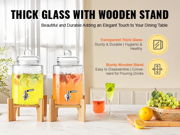 VEVOR beverage dispenser with wooden stand, filled with lemonade and punch, adds elegance to any table.