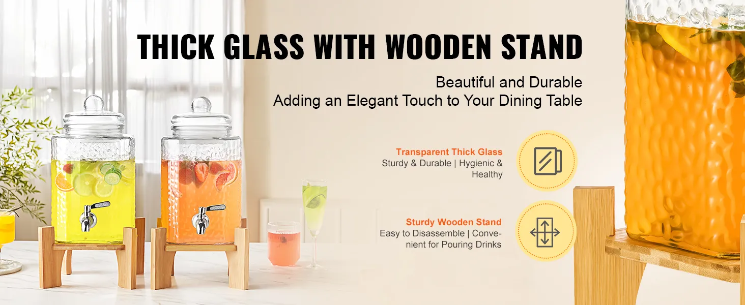 VEVOR beverage dispenser with wooden stand, filled with lemonade and punch, adds elegance to any table.