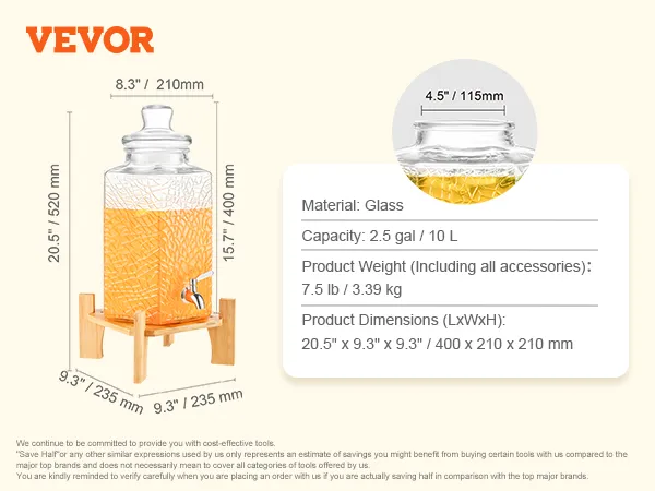 VEVOR beverage dispenser with glass material, 2.5 gal capacity, dimensions: 20.5" x 9.3" x 9.3".