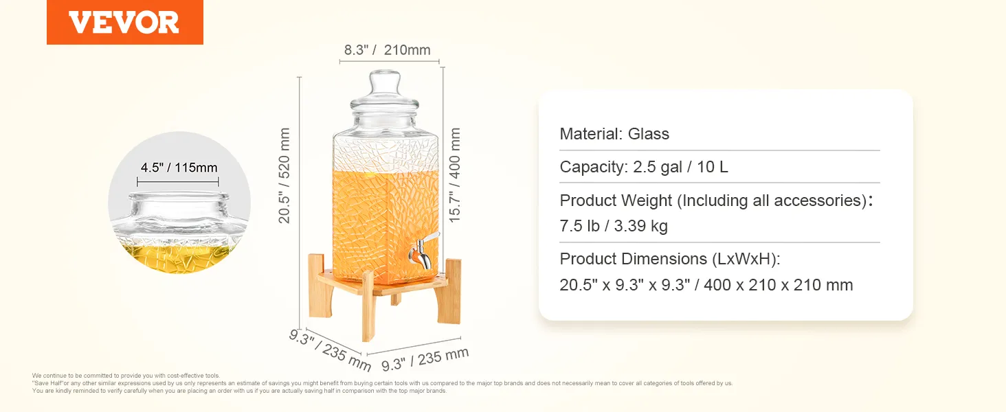 VEVOR beverage dispenser with glass material, 2.5 gal capacity, dimensions: 20.5" x 9.3" x 9.3".