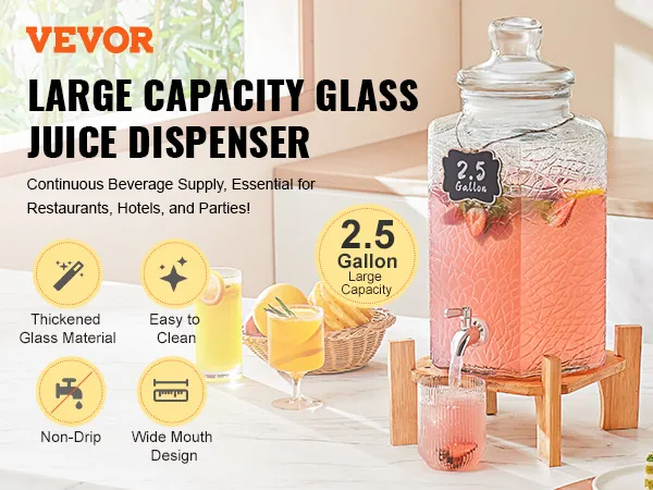 VEVOR beverage dispenser, 2.5-gallon glass container with wooden stand, perfect for juice refreshments.