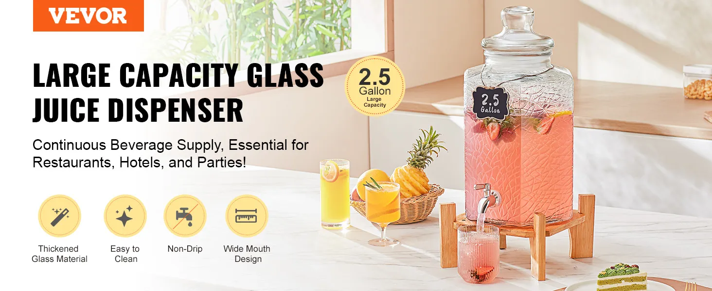 VEVOR beverage dispenser, 2.5-gallon glass container with wooden stand, perfect for juice refreshments.
