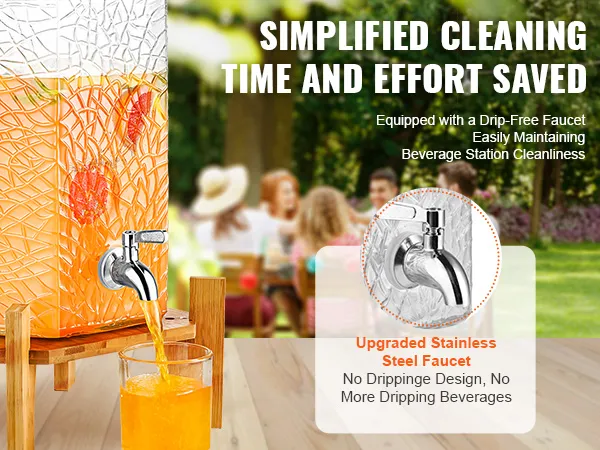 VEVOR beverage dispenser with drip-free stainless steel faucet pouring orange juice at an outdoor gathering.