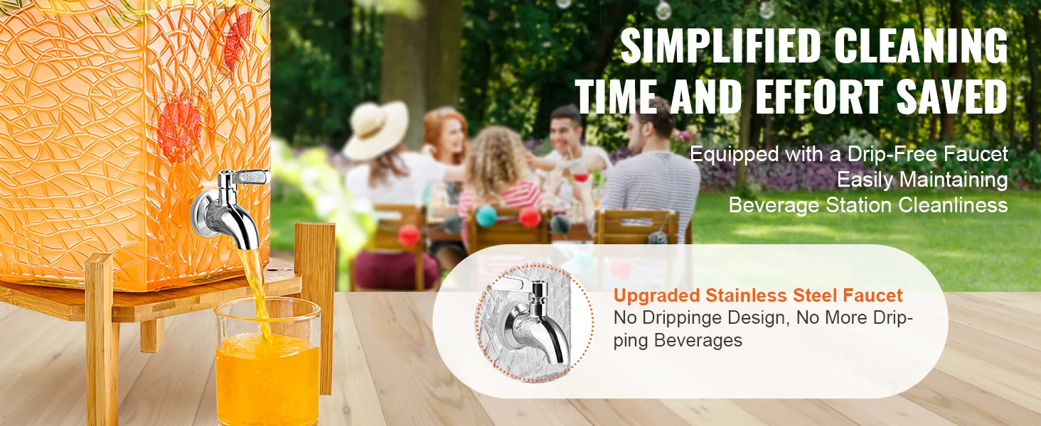 VEVOR beverage dispenser with drip-free stainless steel faucet pouring orange juice at an outdoor gathering.