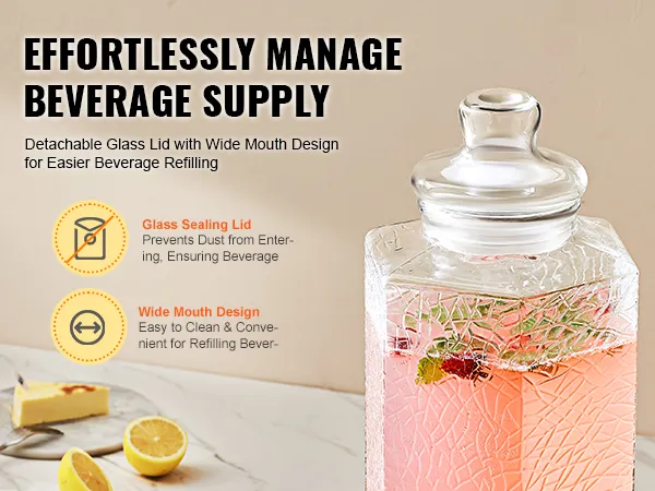 effortlessly manage beverage supply with VEVOR beverage dispenser, featuring detachable glass lid and wide mouth.