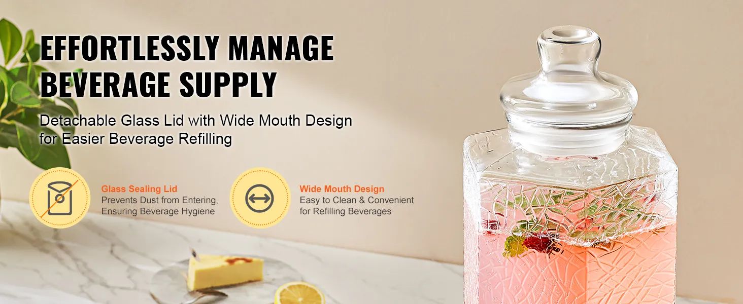 effortlessly manage beverage supply with VEVOR beverage dispenser, featuring detachable glass lid and wide mouth.