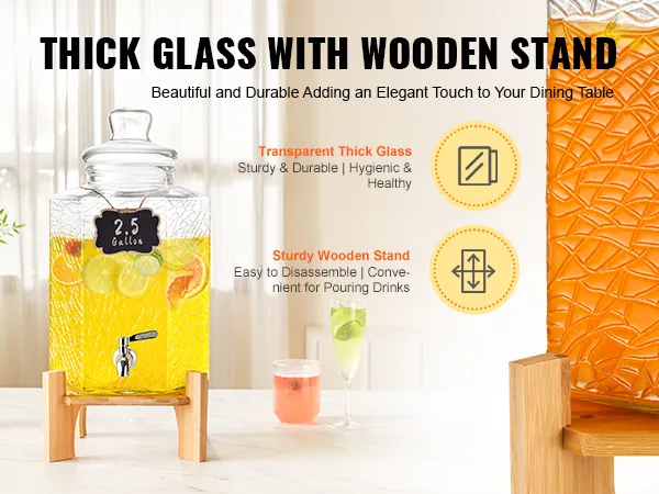 VEVOR beverage dispenser with 2.5-gallon thick glass and sturdy wooden stand, ideal for dining tables.