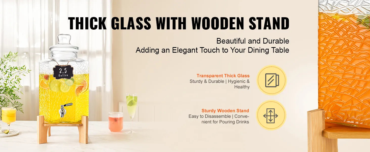 VEVOR beverage dispenser with 2.5-gallon thick glass and sturdy wooden stand, ideal for dining tables.