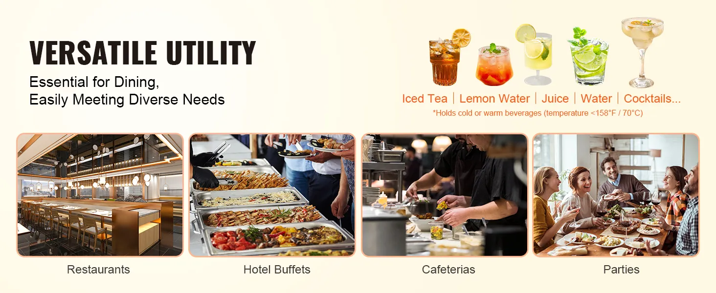 versatile use for VEVOR beverage dispenser in restaurants, hotel buffets, cafeterias, and parties.