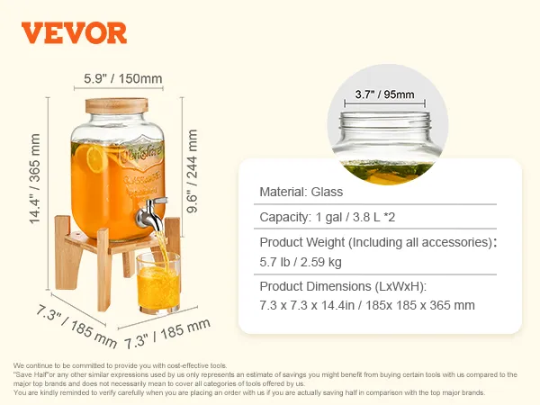 VEVOR beverage dispenser with glass container, wooden stand, and capacity details displayed.
