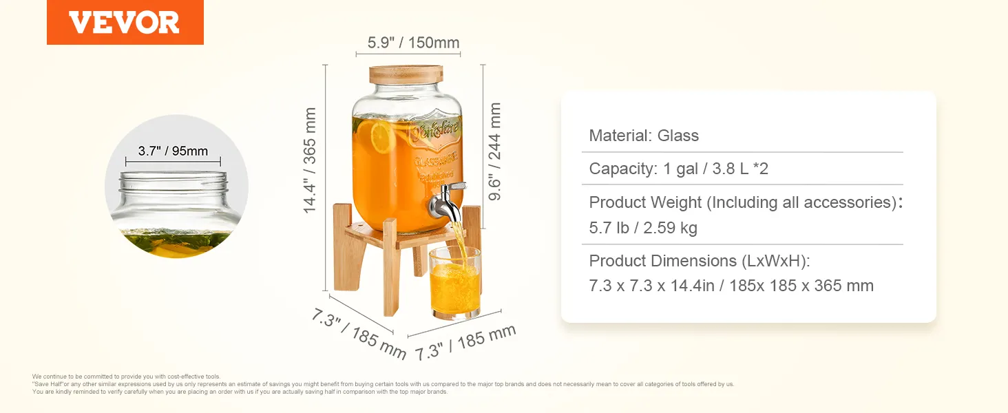 VEVOR beverage dispenser with glass container, wooden stand, and capacity details displayed.