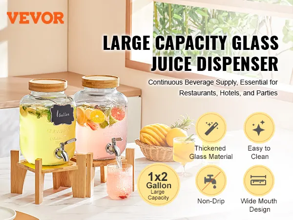 VEVOR beverage dispenser, large capacity glass juice dispenser on wooden stands with fresh juices.