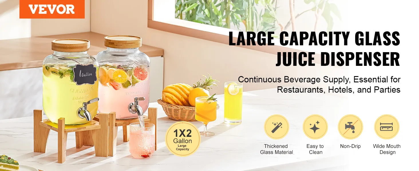 VEVOR beverage dispenser, large capacity glass juice dispenser on wooden stands with fresh juices.