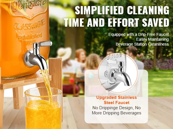 VEVOR beverage dispenser with drip-free faucet, pouring orange drink, outdoors at a garden party.