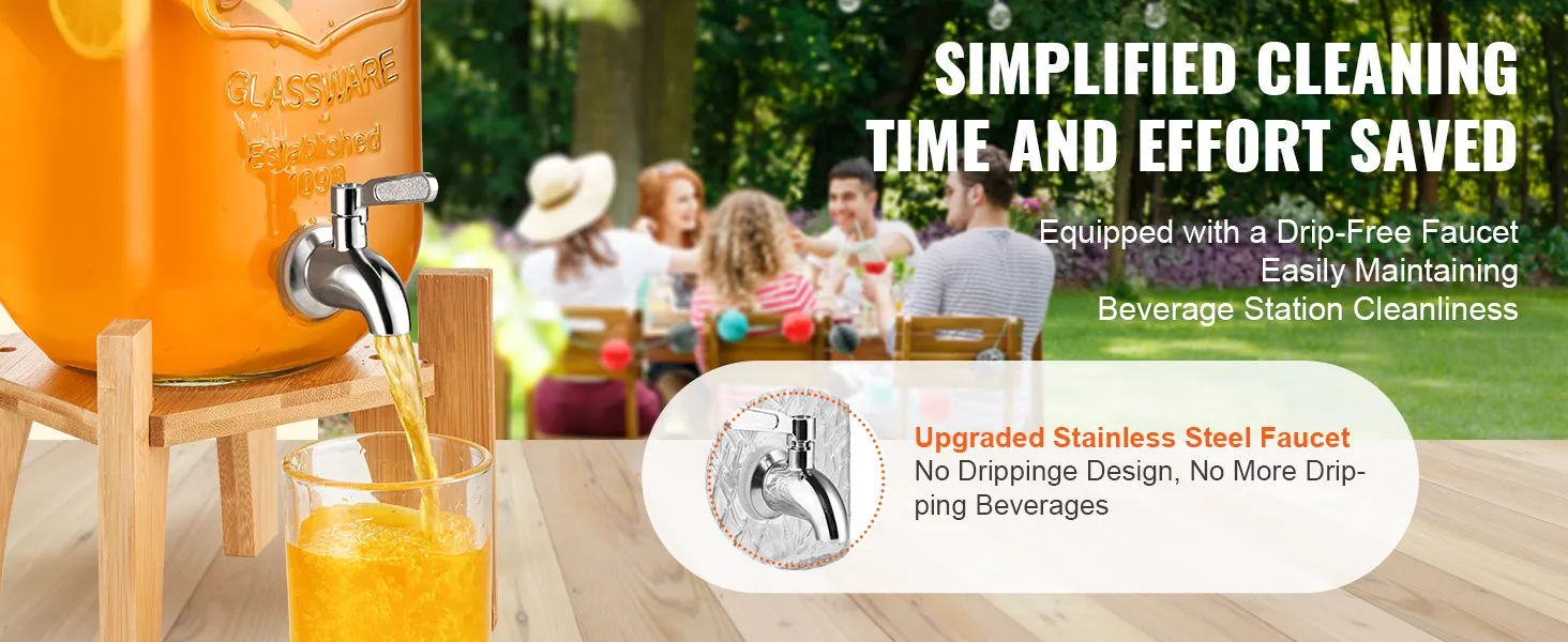 VEVOR beverage dispenser with drip-free faucet, pouring orange drink, outdoors at a garden party.
