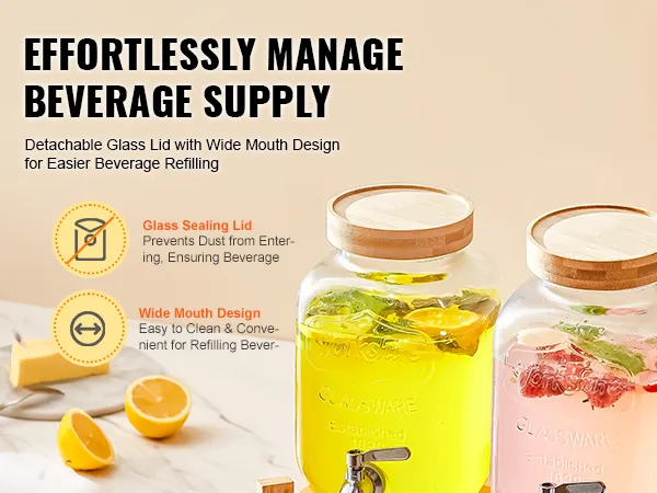 VEVOR beverage dispenser with detachable glass lids and wide mouth design for easy beverage refilling.