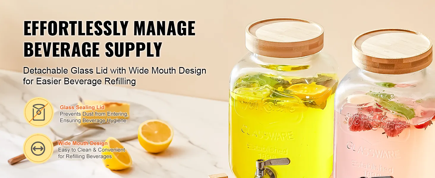 VEVOR beverage dispenser with detachable glass lids and wide mouth design for easy beverage refilling.