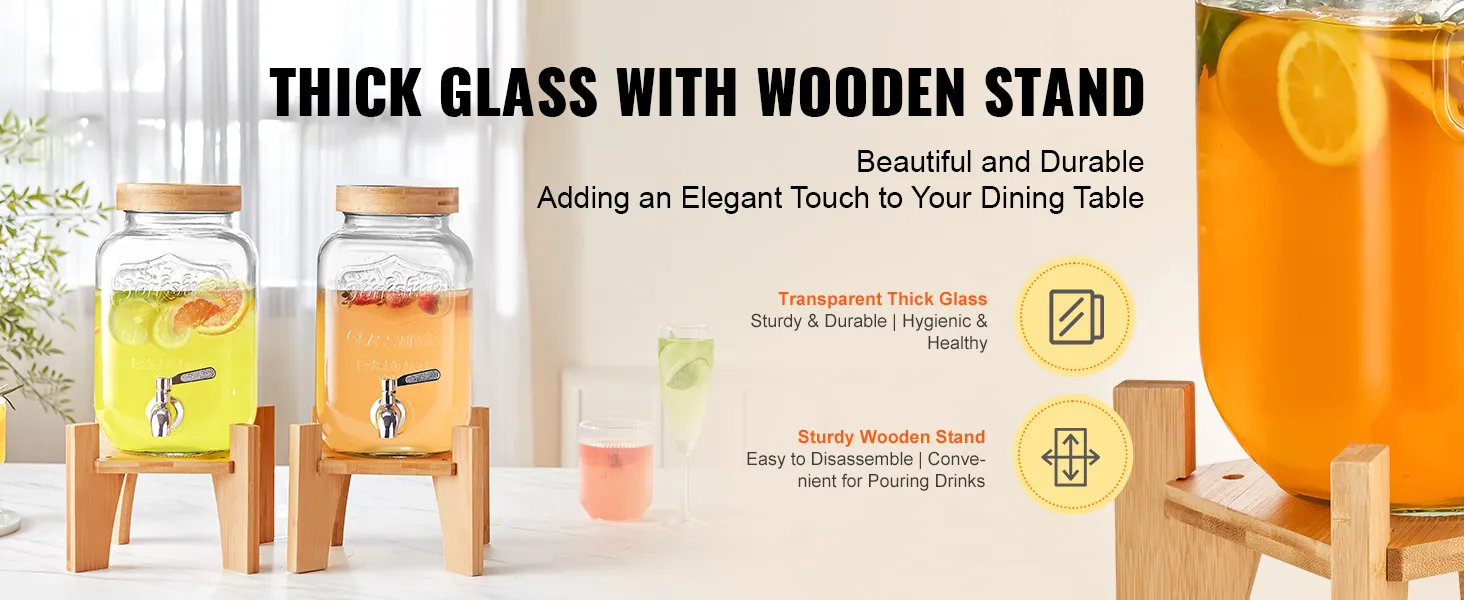 VEVOR beverage dispenser with thick glass and wooden stand, featuring sliced fruits in attractive jars.