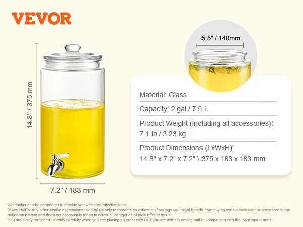VEVOR beverage dispenser: glass, 2 gal/7.5l capacity, 7.1lb weight, 14.8”x7.2” dimensions, with spout.