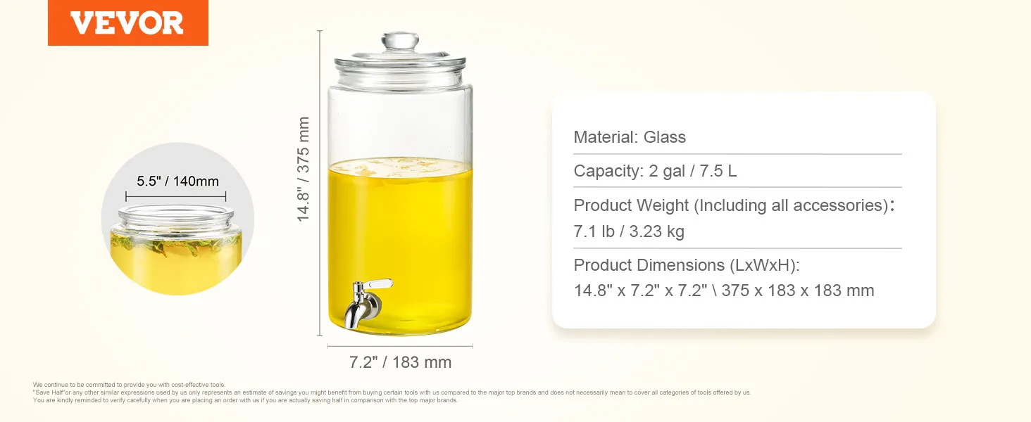 VEVOR beverage dispenser: glass, 2 gal/7.5l capacity, 7.1lb weight, 14.8”x7.2” dimensions, with spout.