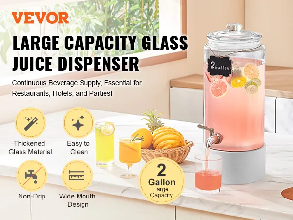 VEVOR beverage dispenser on counter with fresh juice and fruit, ideal for restaurants, hotels, and parties.