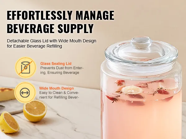 VEVOR beverage dispenser with glass lid and wide mouth design for easy refilling and beverage hygiene.