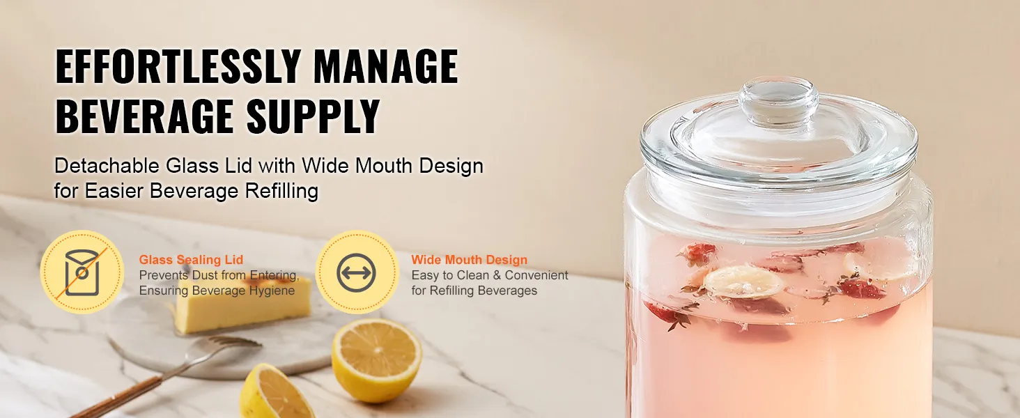 VEVOR beverage dispenser with glass lid and wide mouth design for easy refilling and beverage hygiene.