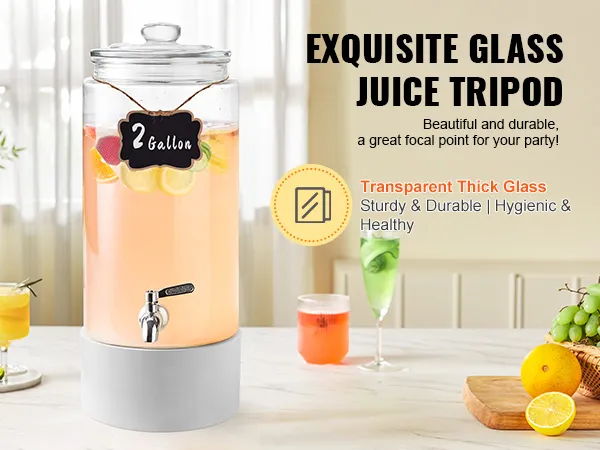 VEVOR beverage dispenser: 2-gallon glass dispenser with fruit-infused water, perfect for parties.