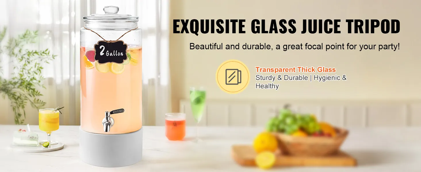 VEVOR beverage dispenser: 2-gallon glass dispenser with fruit-infused water, perfect for parties.