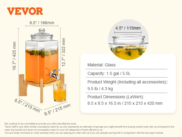 VEVOR beverage dispenser, glass, 1.5 gal, wood stand, 8.5 x 8.5 x 16.5 in dimensions, 9.5 lb weight.
