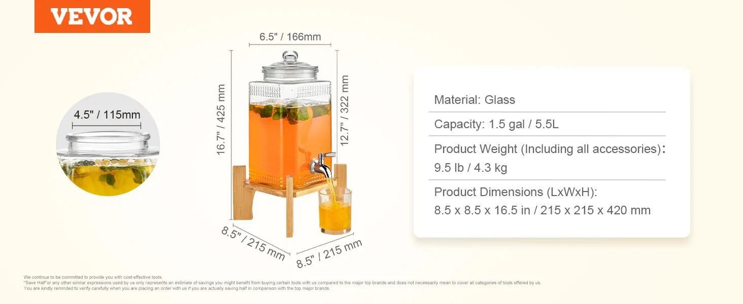 VEVOR beverage dispenser, glass, 1.5 gal, wood stand, 8.5 x 8.5 x 16.5 in dimensions, 9.5 lb weight.