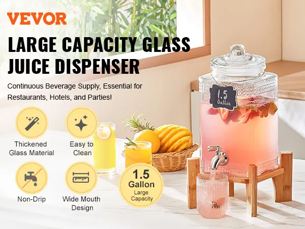 VEVOR beverage dispenser, large capacity glass, 1.5 gallon, ideal for restaurants, hotels, and parties.