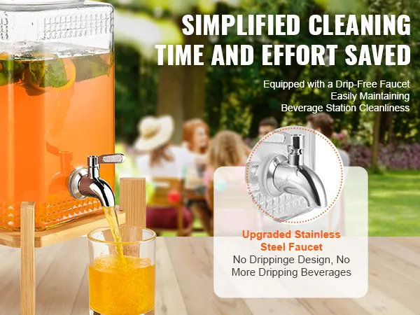 VEVOR beverage dispenser with drip-free faucet pouring orange drink, upgraded stainless steel faucet.