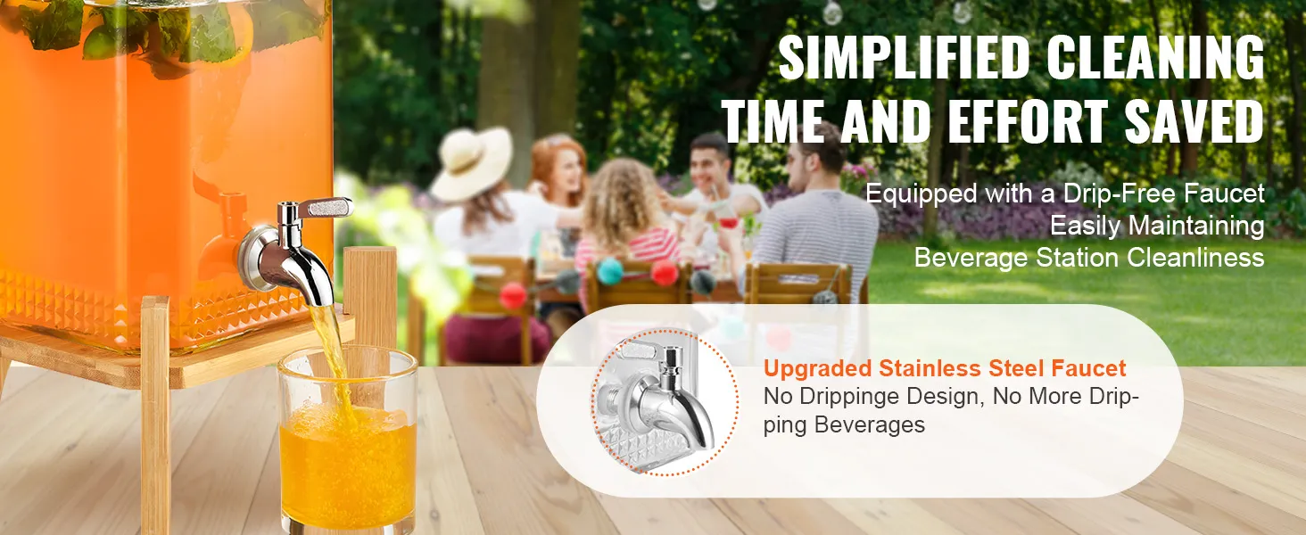 VEVOR beverage dispenser with drip-free faucet pouring orange drink, upgraded stainless steel faucet.