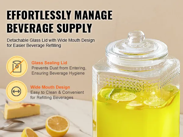 VEVOR beverage dispenser with wide mouth, glass sealing lid for effortless refilling and hygiene.