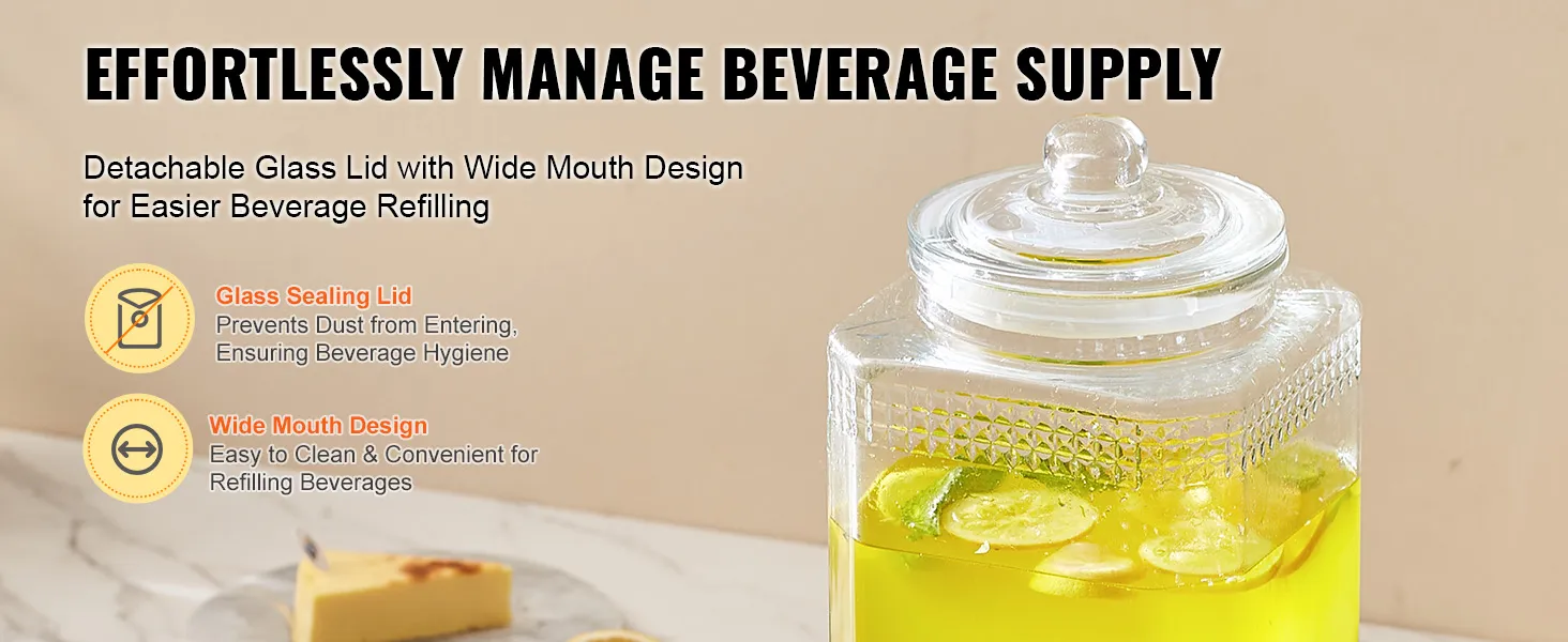VEVOR beverage dispenser with wide mouth, glass sealing lid for effortless refilling and hygiene.