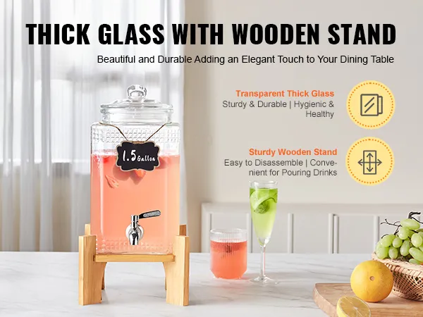 VEVOR beverage dispenser with thick glass, wooden stand, and 1.5-gallon capacity adds elegance to dining.