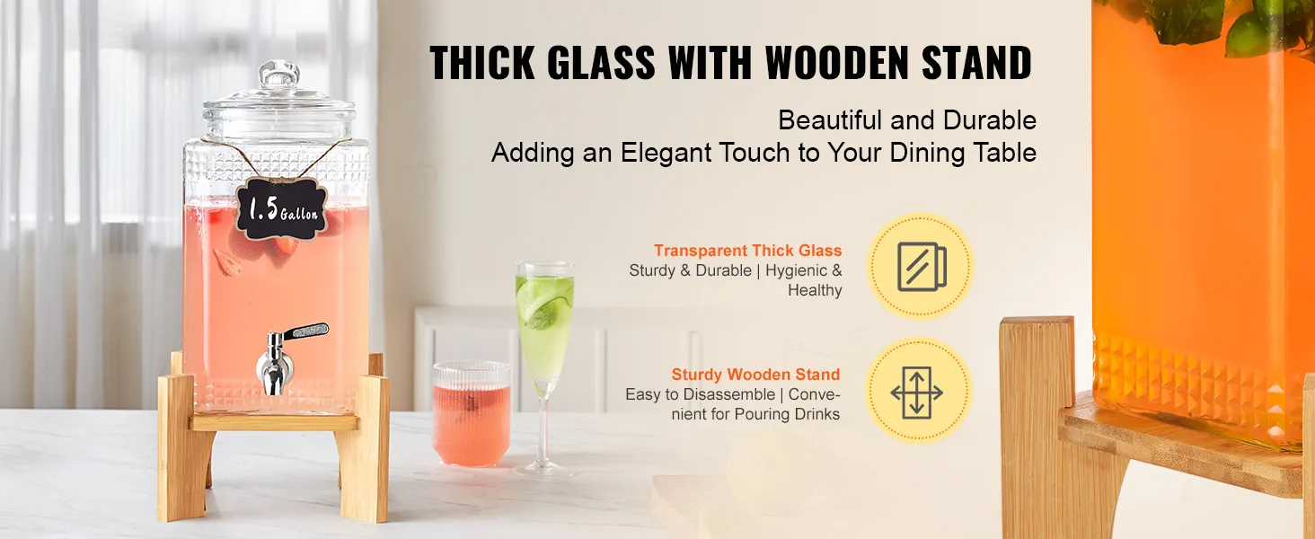 VEVOR beverage dispenser with thick glass, wooden stand, and 1.5-gallon capacity adds elegance to dining.