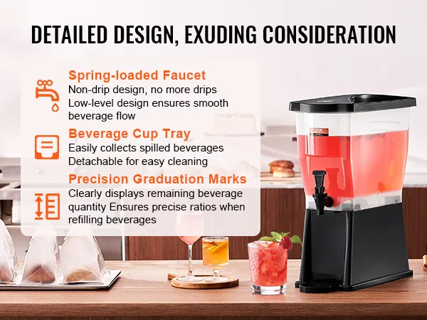 VEVOR beverage dispenser with spring-loaded faucet, cup tray, and precision graduation marks on a counter.