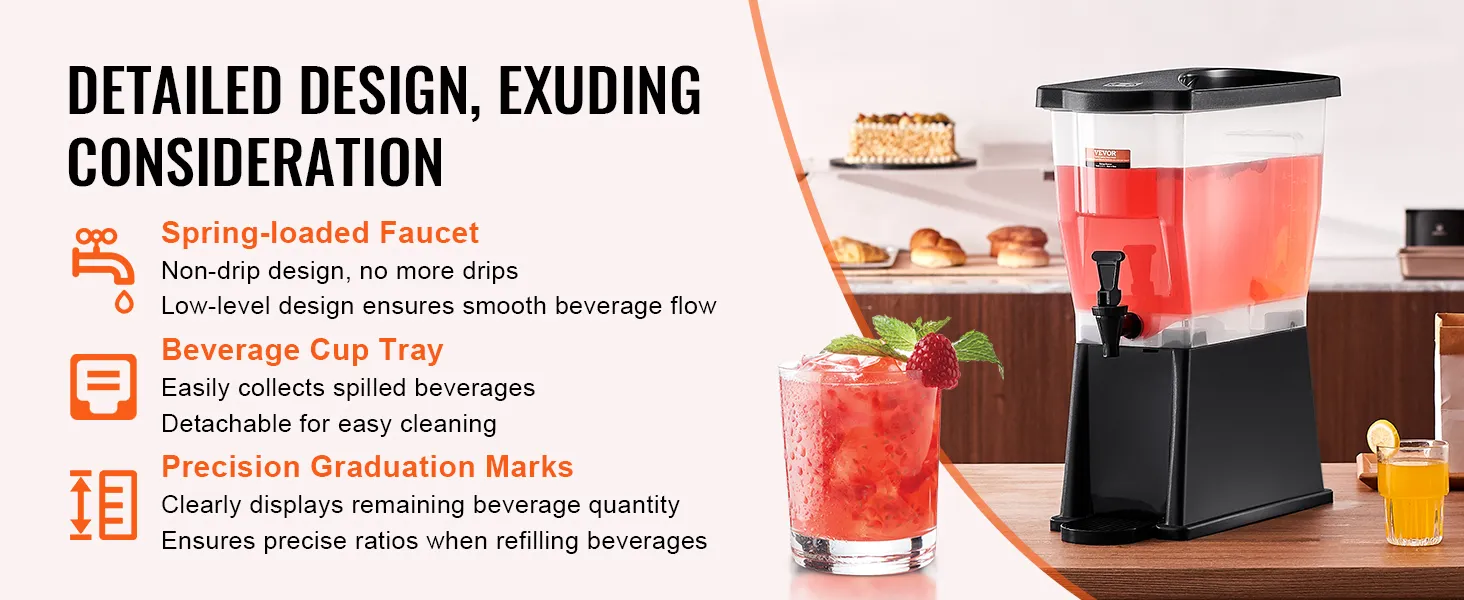 VEVOR beverage dispenser with spring-loaded faucet, cup tray, and precision graduation marks on a counter.