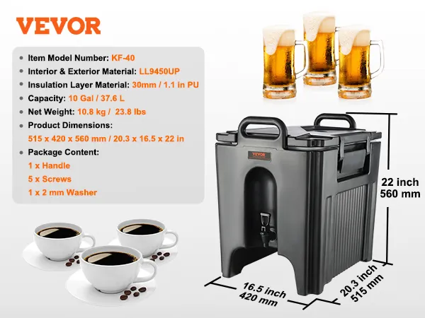 VEVOR insulated beverage dispenser kf-40, 10 gal/37.6 l, dimensions 515x420x560 mm.