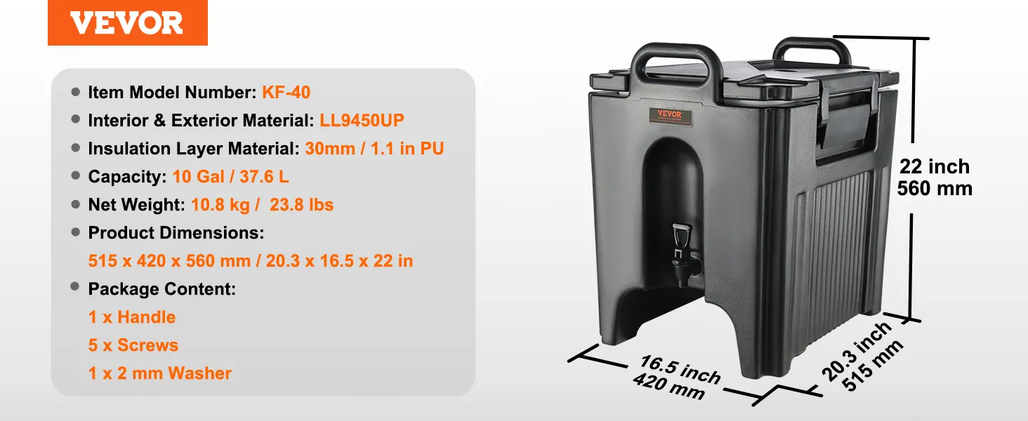 VEVOR insulated beverage dispenser kf-40, 10 gal/37.6 l, dimensions 515x420x560 mm.
