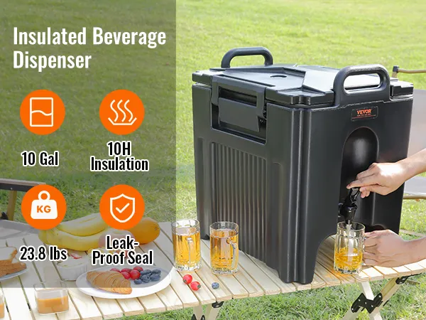 person using VEVOR insulated beverage dispenser outdoors with a picnic setup and drinks on a wooden table.