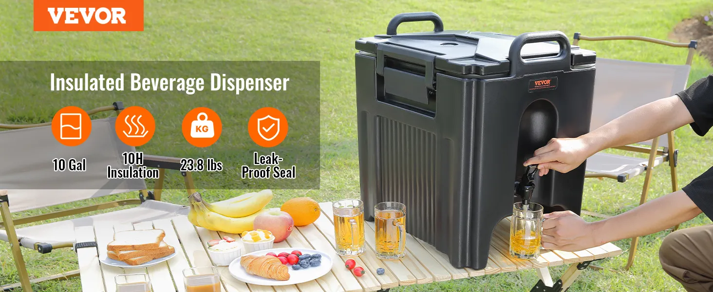 person using VEVOR insulated beverage dispenser outdoors with a picnic setup and drinks on a wooden table.