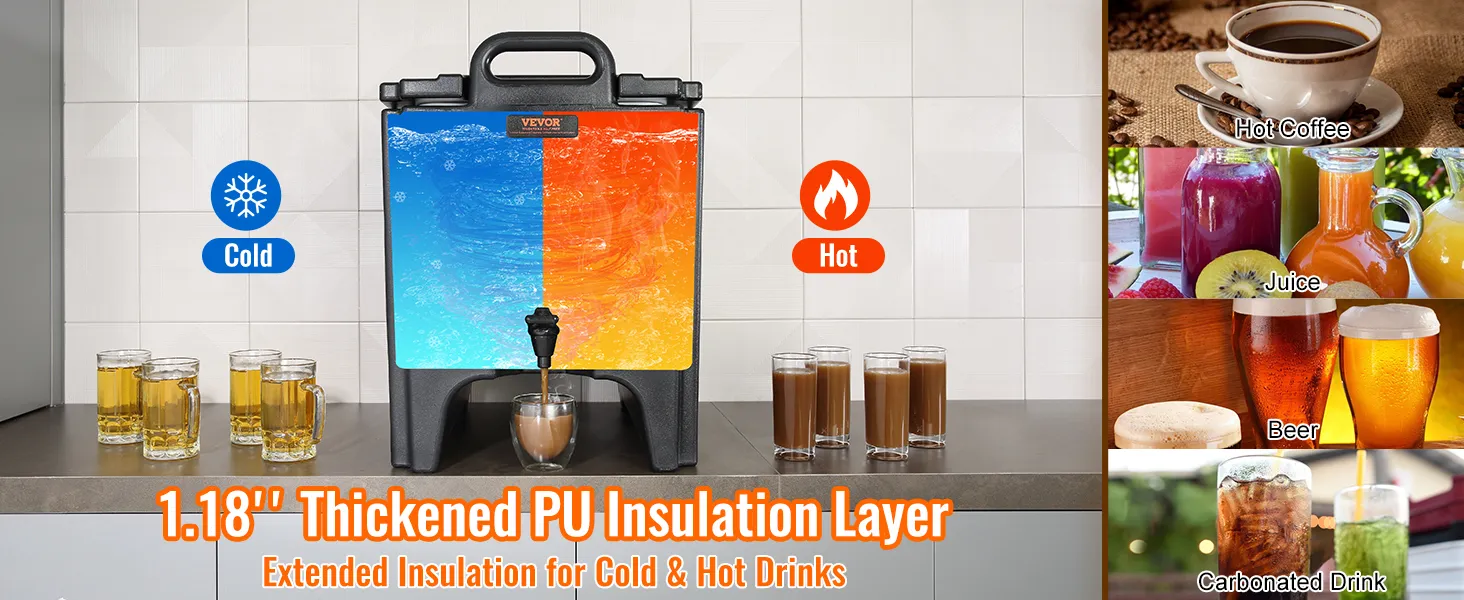 VEVOR insulated beverage dispenser showcasing hot and cold drink insulation with beverage examples like coffee and juice.