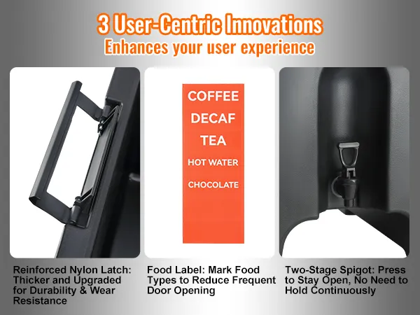 VEVOR insulated beverage dispenser with reinforced latch, food label, and two-stage spigot.