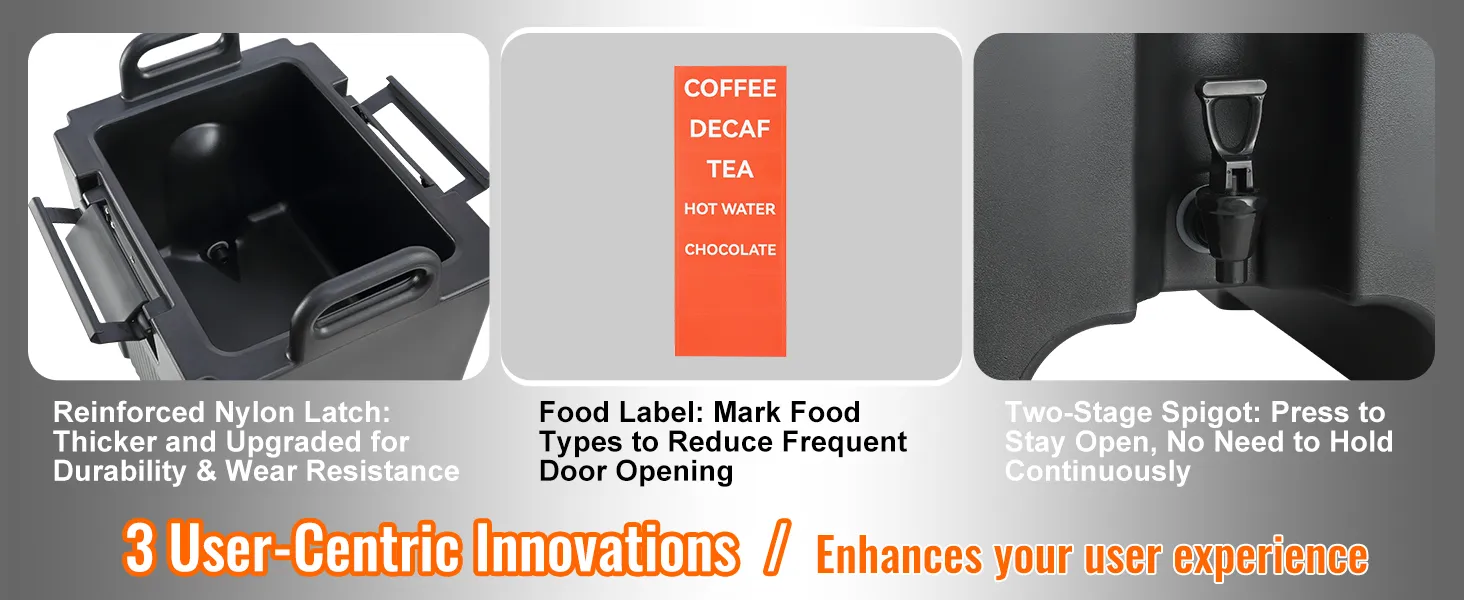 VEVOR insulated beverage dispenser with reinforced latch, food label, and two-stage spigot.